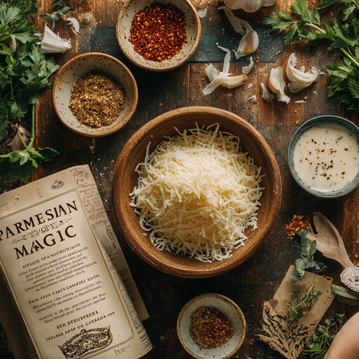 Flat‑lay on a weathered wooden table showing a rustic wooden bowl piled with freshly grated Parmesan cheese surrounded by small ceramic dishes of garlic powder, Italian seasoning, and smoked paprika; sprigs of fresh parsley; a scattering of red pepper flakes; clove‑broken garlic; and a small bowl of creamy ranch dip, all in soft natural sidelighting.