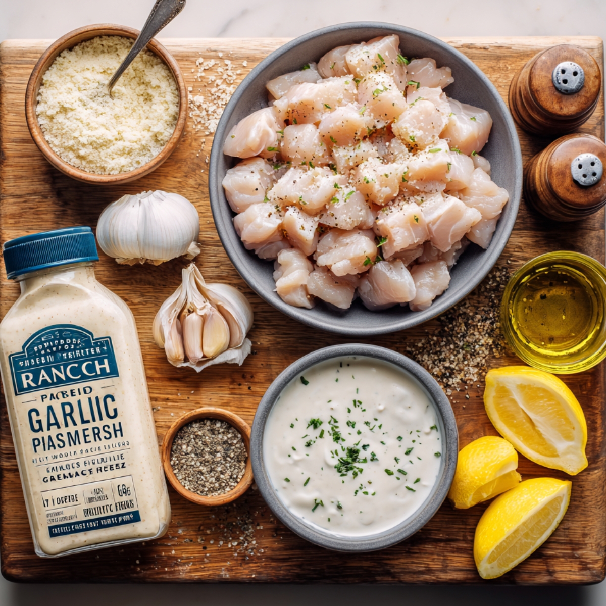 Overhead view of a wooden cutting board holding a bowl of small diced raw chicken pieces lightly sprinkled with Parmesan and herbs, a wooden bowl of grated Parmesan, a head of garlic and peeled cloves, a bottle of ranch dressing labeled ‘Garlic Parmesan’, a bowl of ranch dip garnished with parsley, olive oil in a glass dish, lemon wedges, and small bowls of cracked black pepper