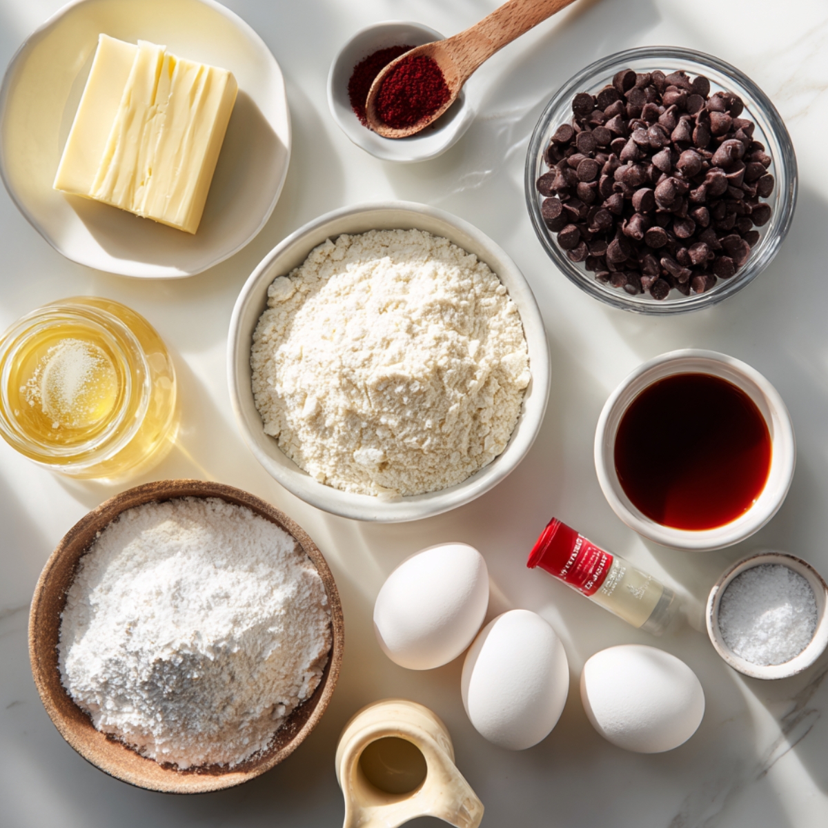 Overhead shot on white marble of a square of cream cheese on parchment, a bowl of powdered sugar, pecans in a dish, an egg yolk in a ramekin, white chocolate chips, and a small bottle of maple syrup