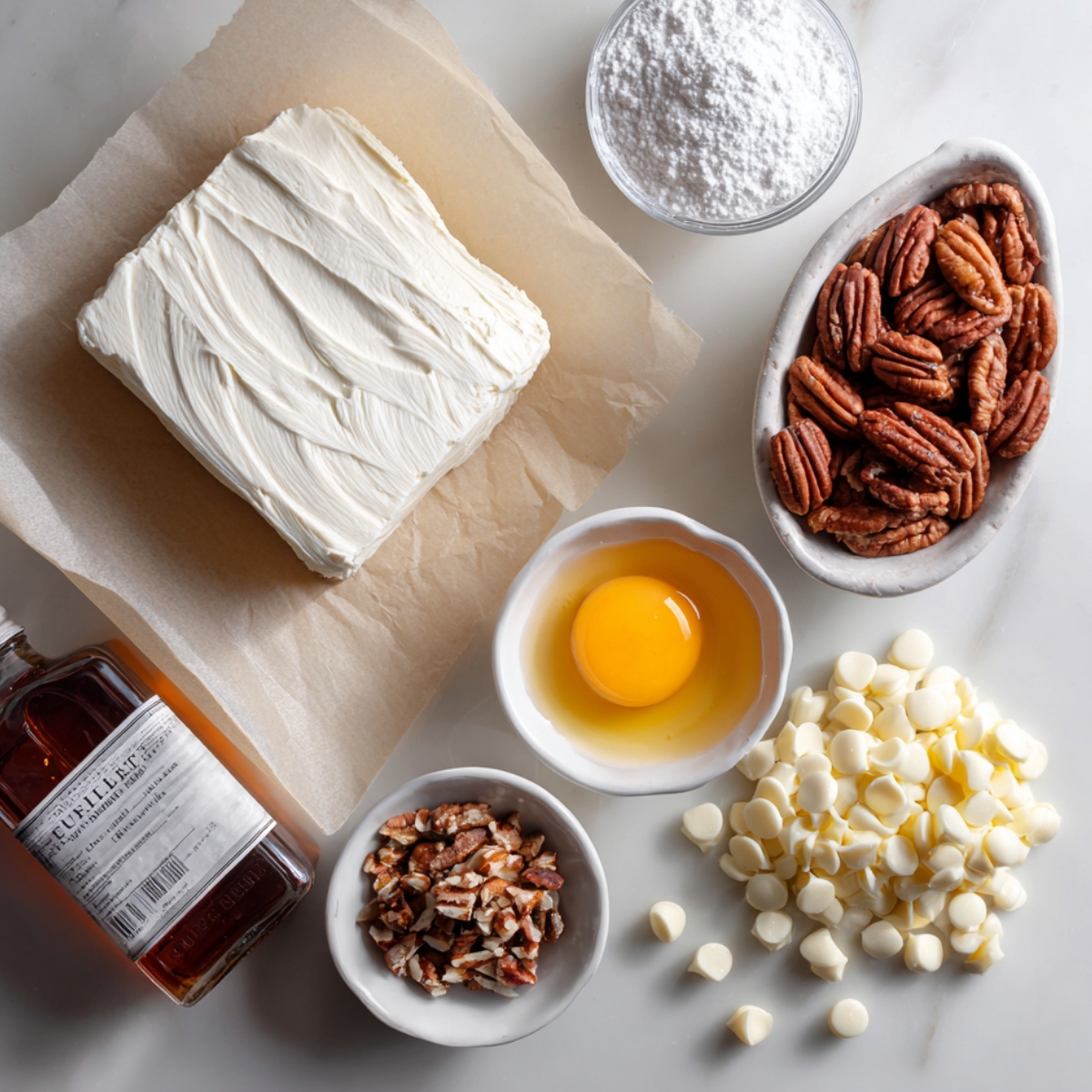 Overhead shot on white marble of a square of cream cheese on parchment, a bowl of powdered sugar, pecans in a dish, an egg yolk in a ramekin, white chocolate chips, and a small bottle of maple syrup