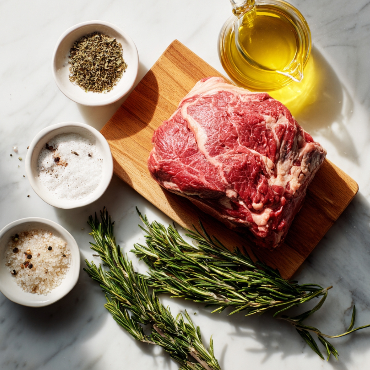 Top-down view of a marble surface with a wooden board bearing a raw beef chuck roast brushed with olive oil, surrounded by small white bowls of kosher salt, cracked black pepper, and dried thyme, plus fresh rosemary sprigs, all illuminated by gentle daylight.
