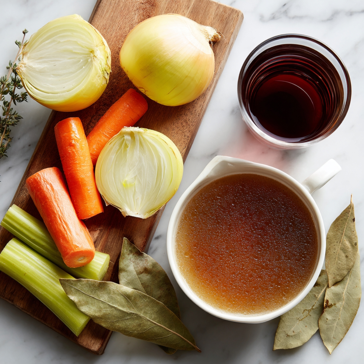 Overhead of a white marble countertop with a wooden cutting board holding halved yellow onions (cut side up), three peeled carrot segments, and three celery stalks; two large bay leaves lie beside; a white ramekin of beef broth and a clear glass of deep red wine sit adjacent, all lit by soft natural light.