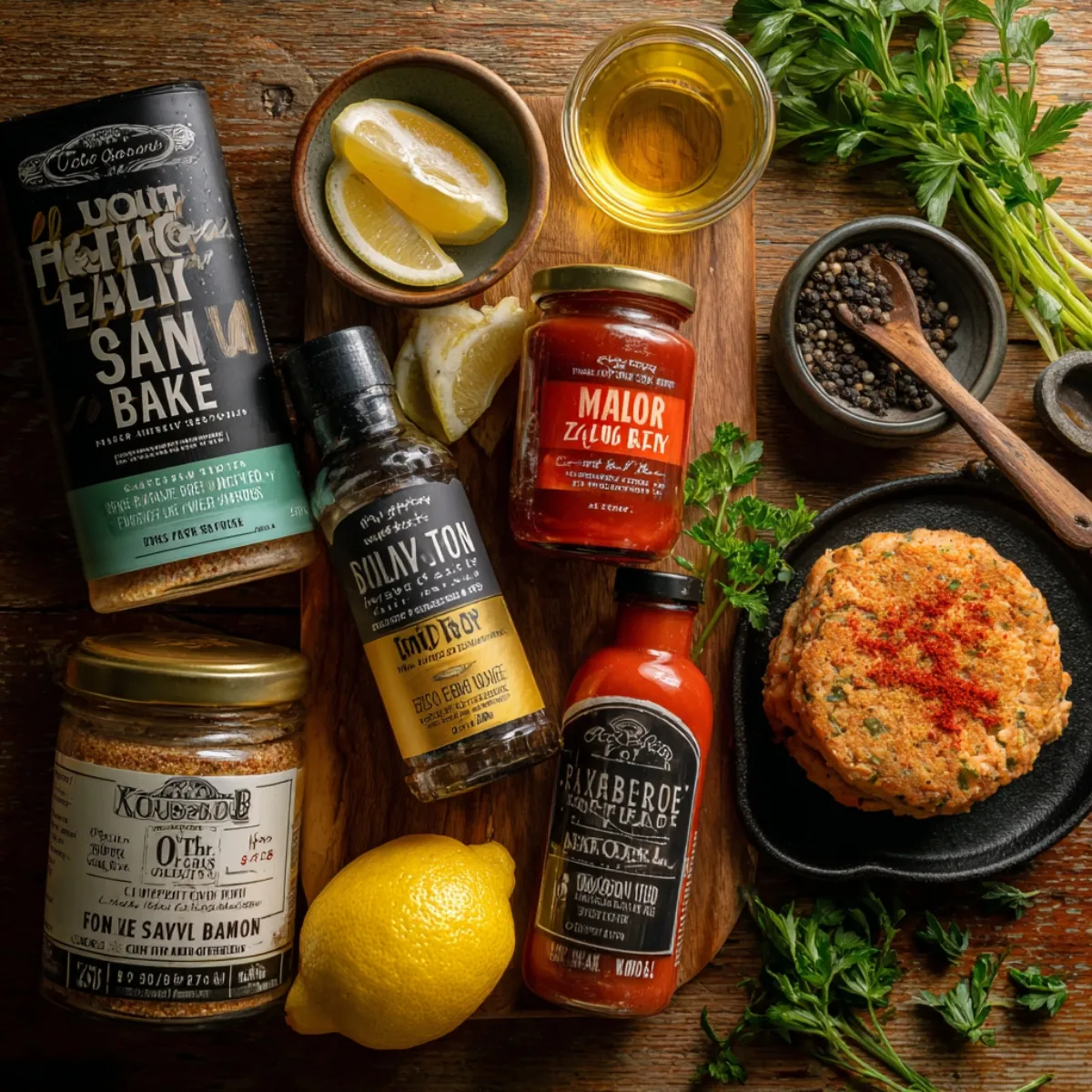 On the same board, a black tin of Old Bay seasoning lies next to a small wooden bowl of mixed peppercorns; a halved lemon with wedges sits beside a glass jar of golden oil, a bottle of Worcestershire sauce, a jar of red hot sauce, and a handful of chopped fresh parsley. A raw salmon cake on a small black plate is dusted with paprika.