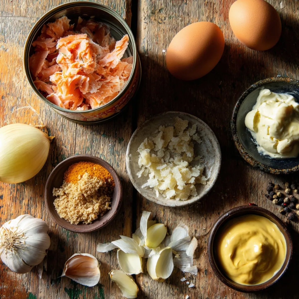A rustic wooden board topped with an opened can of pink salmon flakes, two whole brown eggs, a small bowl of fresh breadcrumbs, a halved yellow onion, several peeled garlic cloves, a small dish of creamy mayonnaise, and a tiny bowl of smooth Dijon mustard—soft natural light highlights the varied textures and warm wood grain.