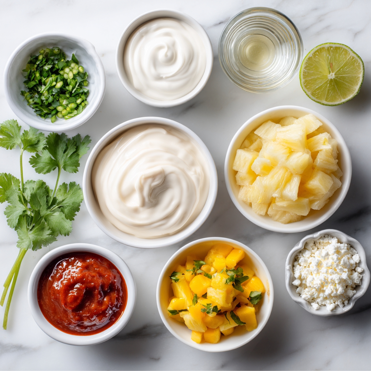 On white marble, small bowls hold mayonnaise, sour cream, pineapple salsa, mango chunks, hot sauce, and crumbled cotija cheese; alongside are a shot glass of lime juice, a ramekin of pickled jalapeños, a bowl of minced garlic, sliced jalapeño–onion mix, and fresh cilantro sprigs.