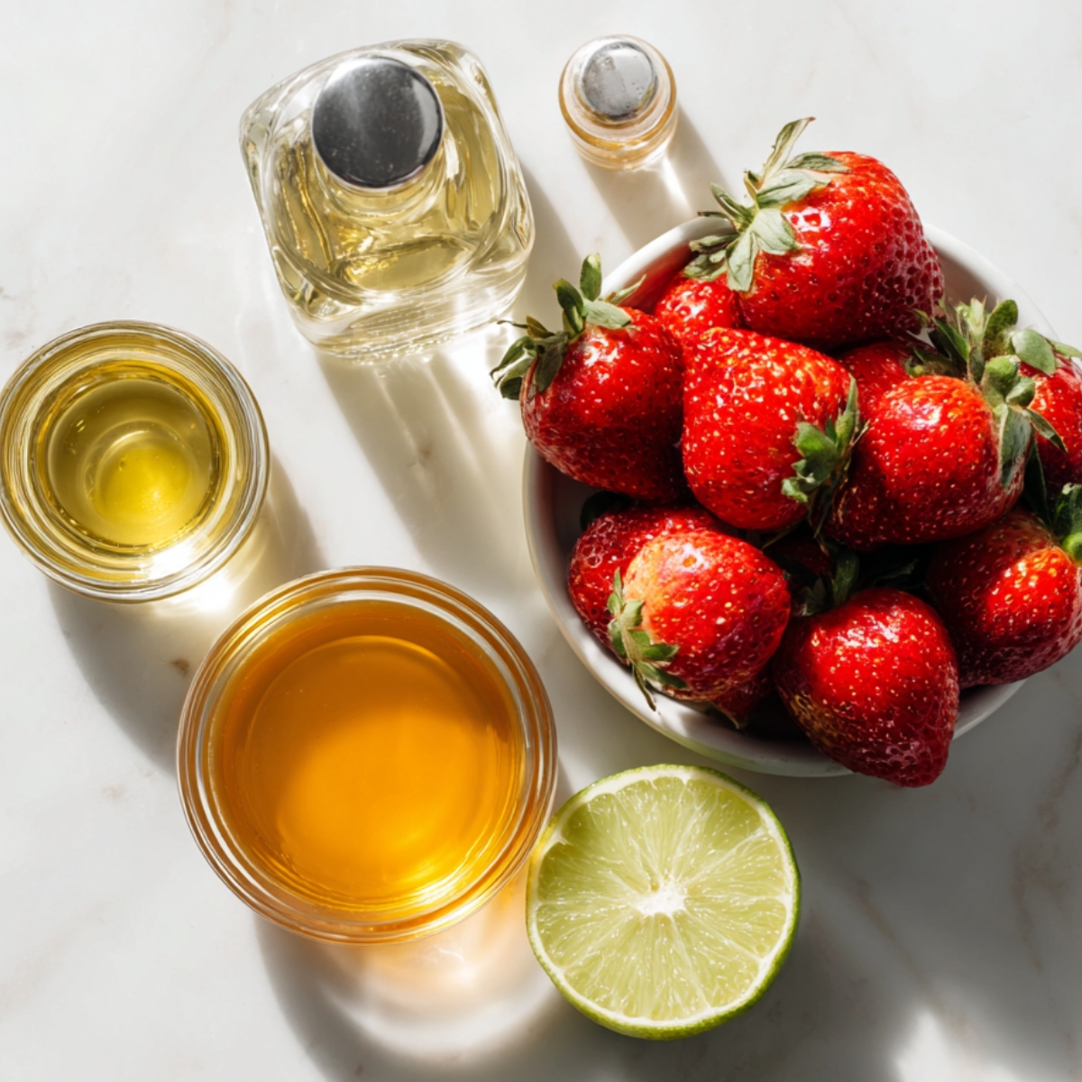 A bright, overhead shot on a white marble countertop of a small bowl overflowing with ripe red strawberries, a glass dish holding freshly squeezed pale-green lime juice, a square bottle of premium tequila, a shorter bottle of orange liqueur, and a small jar of golden simple syrup, all arranged in a neat, home-kitchen flat-lay.
