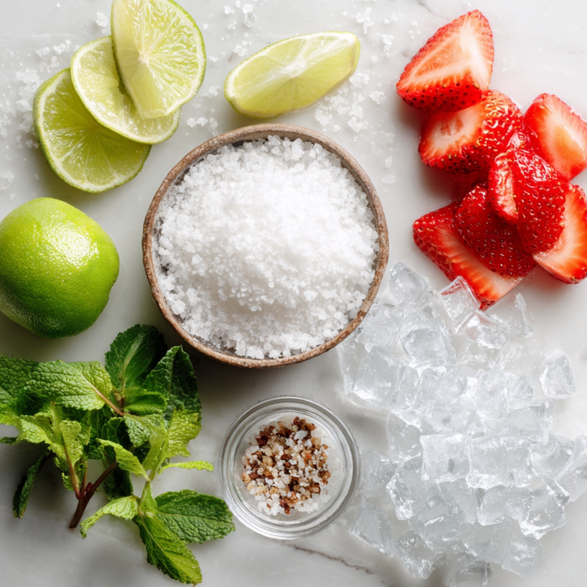 A clean bird’s-eye composition on marble showing a small bowl of coarse sea salt, three lime wedges poised for rimming a glass, a scattering of granulated sugar, a pile of clear ice cubes, several fresh strawberry slices, lime wheels, and a bright-green mint sprig.