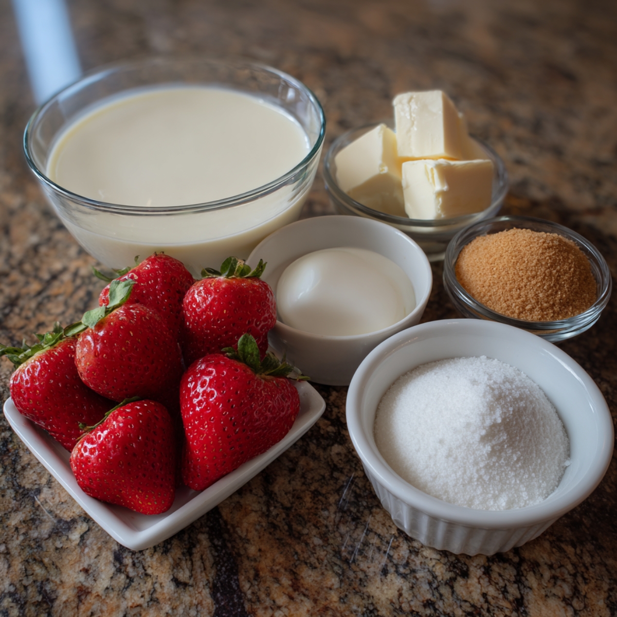 A collection of milkshake ingredients arranged on a granite countertop: a glass bowl of whole milk; a small bowl of vanilla ice cream or cream; a ramekin of granulated sugar; a ramekin of light brown sugar; a small bowl of cubed butter; and a square dish piled with fresh red strawberries.