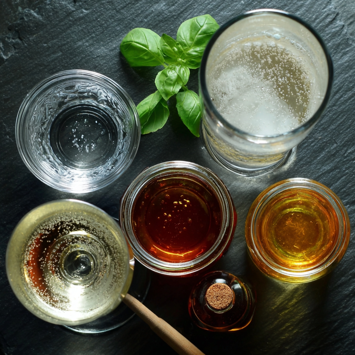 A dark slate surface holds six containers of cocktail components: a short glass of clear club soda with bubbles, a small tumbler of white rum, a jar of golden simple syrup, a honey dipper resting on agave nectar, a small glass of pale prosecco and a sprig of fresh basil laid atop—styled in soft overhead light that accentuates the clarity and warm tones of each liquid.
