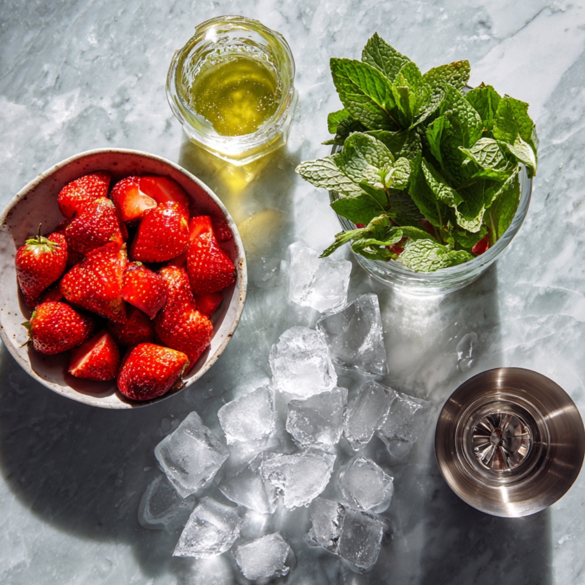 A bright marble countertop sprinkled with large, uneven ice cubes, a ceramic bowl of halved ripe strawberries, a glass cup overflowing with fresh mint leaves, and a small jar of pale green lime juice—bathed in warm, natural light that makes the red berries and green herbs pop against the cool white background.
