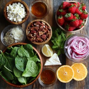 Overhead on a wooden board: a wooden bowl of baby spinach; a bowl of ripe strawberries; a bowl of crumbled feta; a bowl of candied pecans; a small glass dish of honey; thinly sliced red onion in a jar; fresh mint sprigs; lemon and orange wedges; and a small dish of mixed seeds and shredded coconut