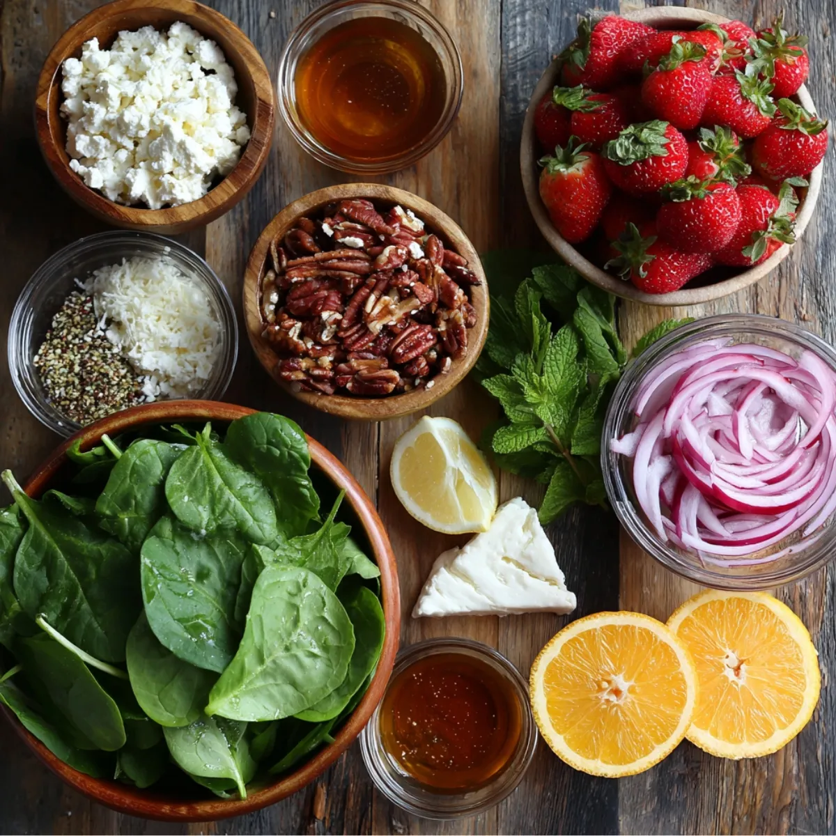 Overhead on a wooden board: a wooden bowl of baby spinach; a bowl of ripe strawberries; a bowl of crumbled feta; a bowl of candied pecans; a small glass dish of honey; thinly sliced red onion in a jar; fresh mint sprigs; lemon and orange wedges; and a small dish of mixed seeds and shredded coconut