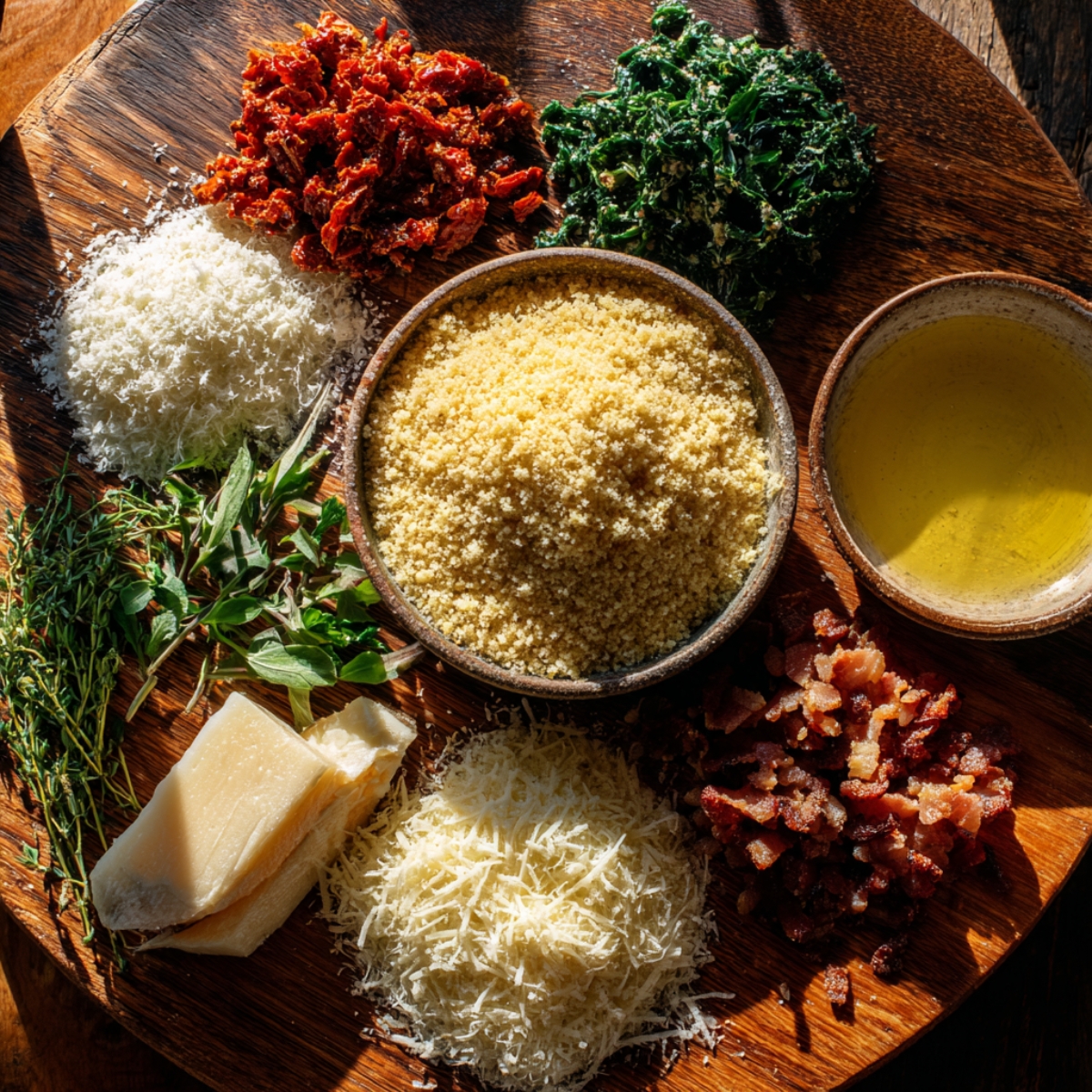 Overhead view of a rustic wooden board on a stone countertop. On it: a small wooden bowl of pale yellow panko breadcrumbs, a shallow dish of melted butter, a heap of extra grated Parmesan, sprigs of fresh thyme and parsley, a small bowl of chopped spinach, scattered crisp bacon bits, and bright red sun-dried tomato pieces.