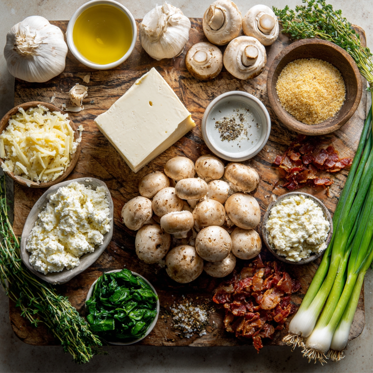 Overhead view of a rustic wooden board on a stone countertop. On it: a small wooden bowl of pale yellow panko breadcrumbs, a shallow dish of melted butter, a heap of extra grated Parmesan, sprigs of fresh thyme and parsley, a small bowl of chopped spinach, scattered crisp bacon bits, and bright red sun-dried tomato pieces.
