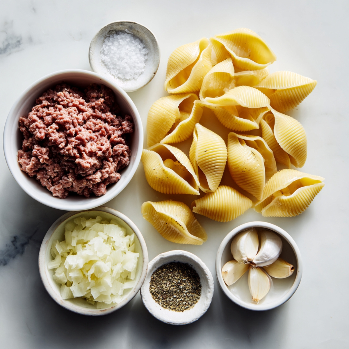 Overhead view on a white marble countertop of a small ceramic bowl filled with coarsely crumbled ground beef, a neat pile of uncooked jumbo pasta shells with ridged surfaces, a tiny bowl of coarse sea salt, a ramekin of finely diced yellow onion, a small dish of mixed Italian seasoning, and a bowl holding five garlic cloves—two unpeeled and three peeled—arranged in a loose cluster as if ready for cooking.