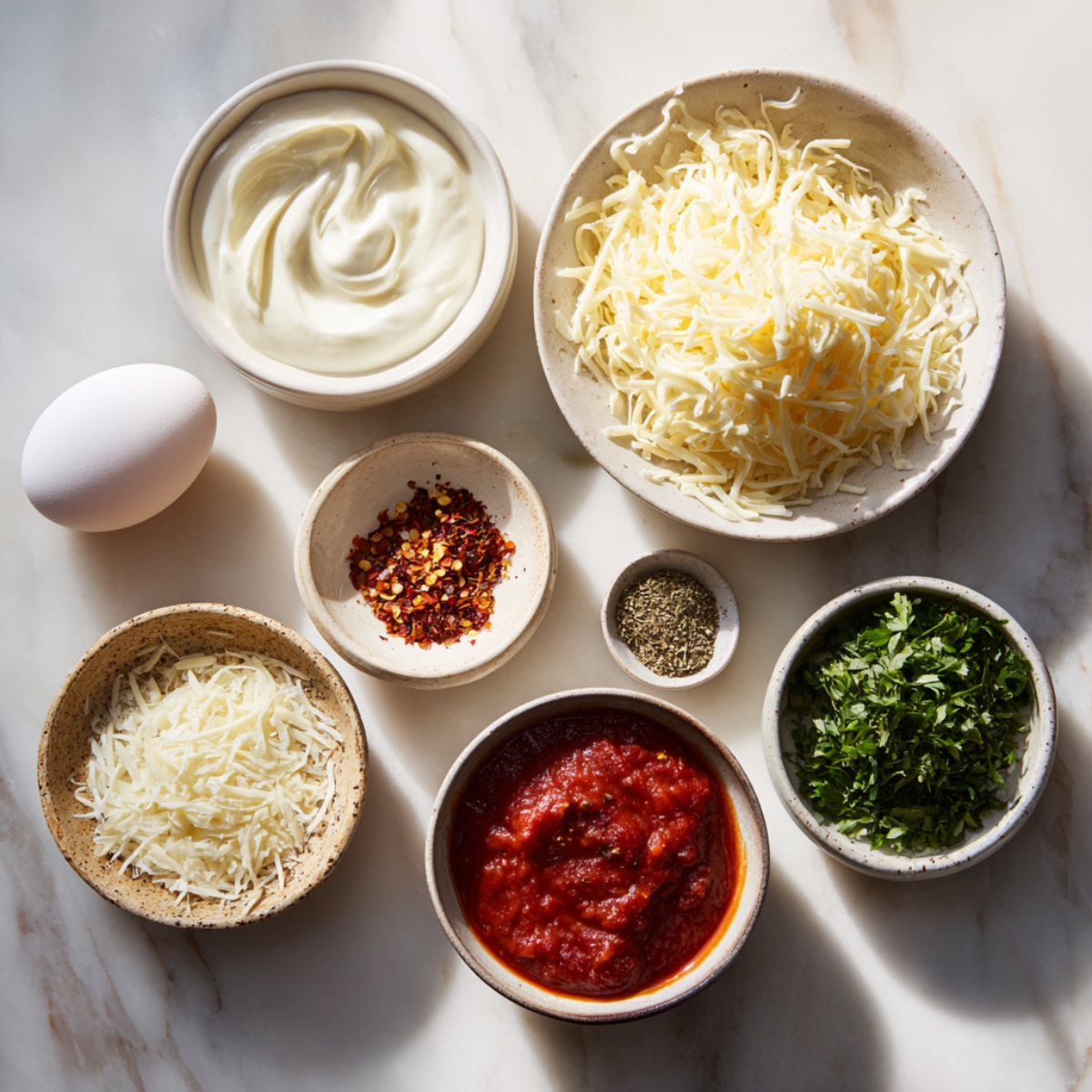 Top-down shot on white marble of eight vessels: a white bowl with a swirl of creamy ricotta, a shallow dish piled with shredded mozzarella, a speckled bowl of finely grated Parmesan, an ivory egg cup cradling a large egg, a tiny ramekin of bright red crushed pepper flakes, a rustic bowl of chunky marinara sauce, a matching bowl of smooth tomato sauce, and a small bowl of coarsely chopped fresh parsley, all set before assembly.