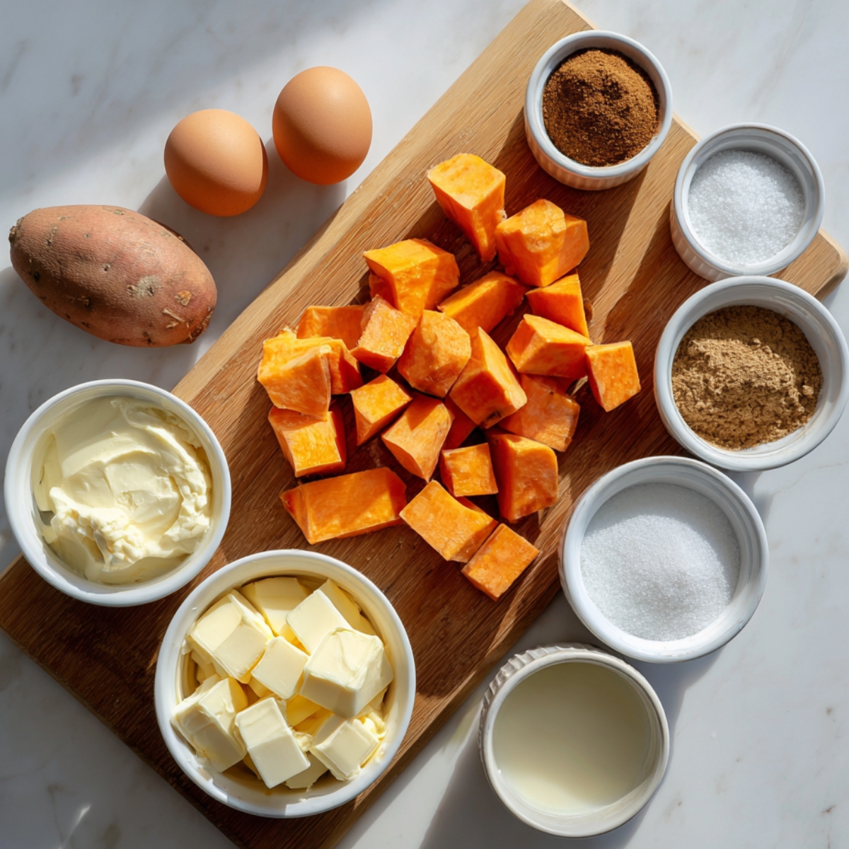 Overhead of a white marble countertop with a large white bowl piled high with mini marshmallows at center, surrounded by small white ramekins containing chopped pecans, extra butter cubes, and brown sugar—bright, even light and minimal styling for a clean, homemade topping spread.