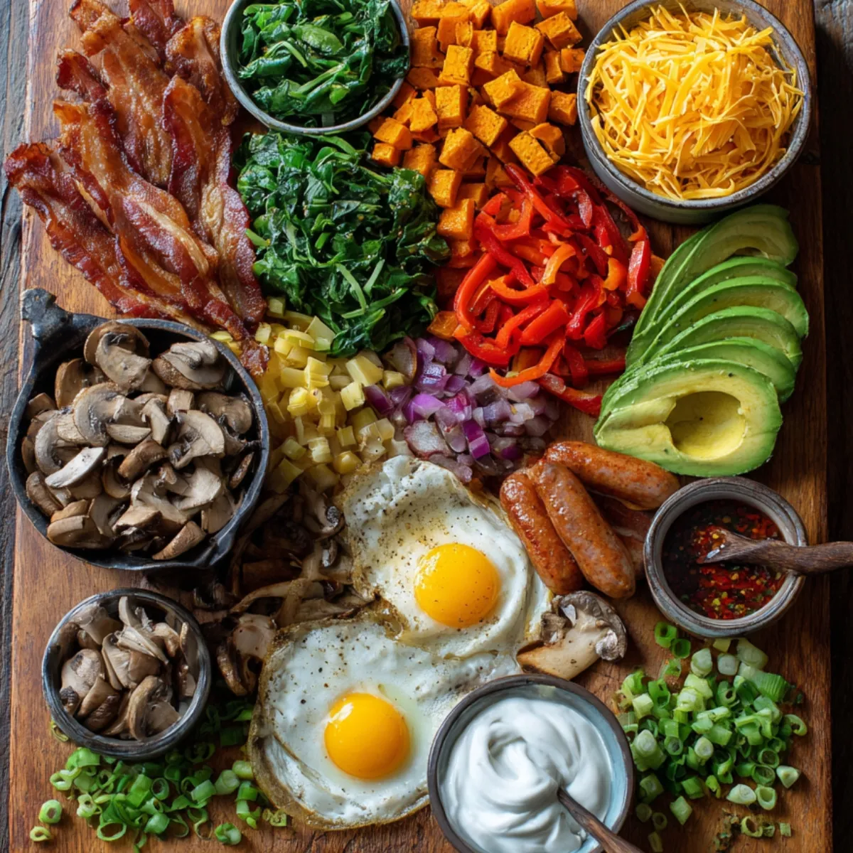 An overhead flat‑lay of a wooden board displaying optional sweet potato hash add‑ins: strips of crisp bacon, a pile of sautéed spinach and kale, diced red bell peppers, shredded cheese in a bowl, sliced mushrooms in a small skillet, sausage links, a ramekin with a fried egg, plus avocado slices, a dish of hot sauce, sour cream, and chopped green onions.