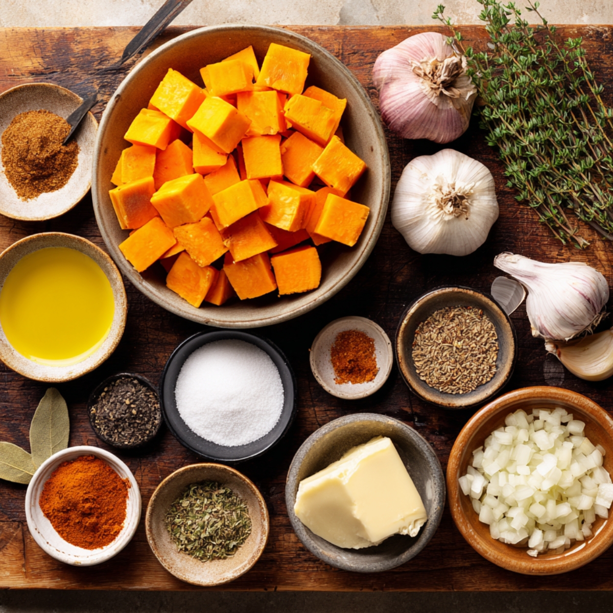 A bright overhead shot of a rustic wooden board showing sweet potato hash base ingredients: a bowl of peeled, cubed sweet potatoes, a small bowl of melted butter, pinch bowls of coarse salt, black pepper, paprika, and cumin, a wooden bowl of diced onion, whole garlic bulbs, and fresh thyme sprigs.