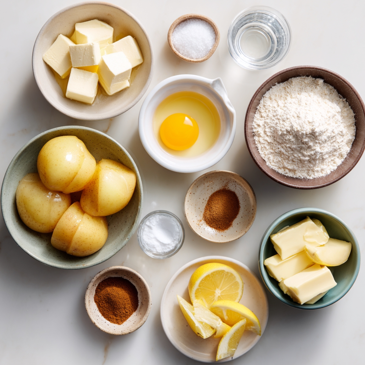 Top-down view on white marble: a brown ceramic bowl of all-purpose flour; a dish of cold, cubed butter; a small bowl with an egg yolk; a ramekin of salt; a glass of cold water; a second ramekin of sugar; peeled, halved tart apples in a green bowl; a tiny dish of ground cinnamon; and a separate bowl of butter pieces, all arranged neatly.