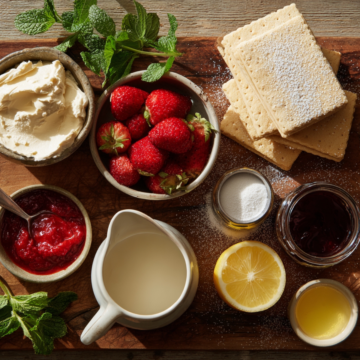 Overhead shot of a wooden board with mascarpone, strawberries, ladyfingers, strawberry jam, heavy cream, lemon, sugar, and mint sprigs.