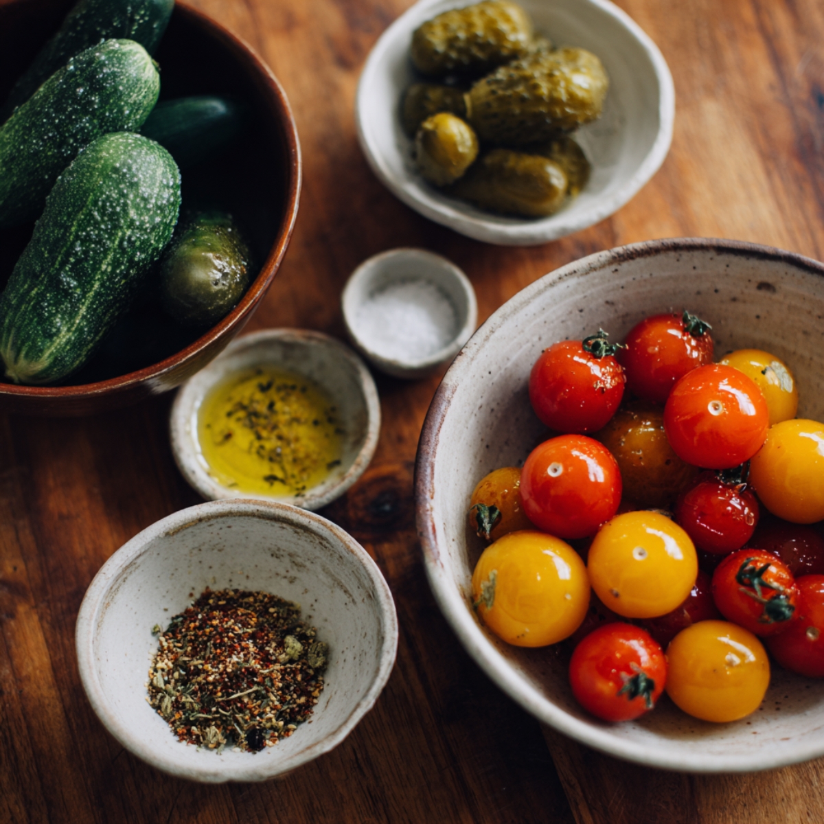 A wooden tabletop with a shallow bowl of small pickles, a bowl of mixed spices, a small dish of olive oil with herbs, a dish of coarse salt, and a bowl of mixed red and yellow cherry tomatoes alongside a bowl of mini cucumbers.