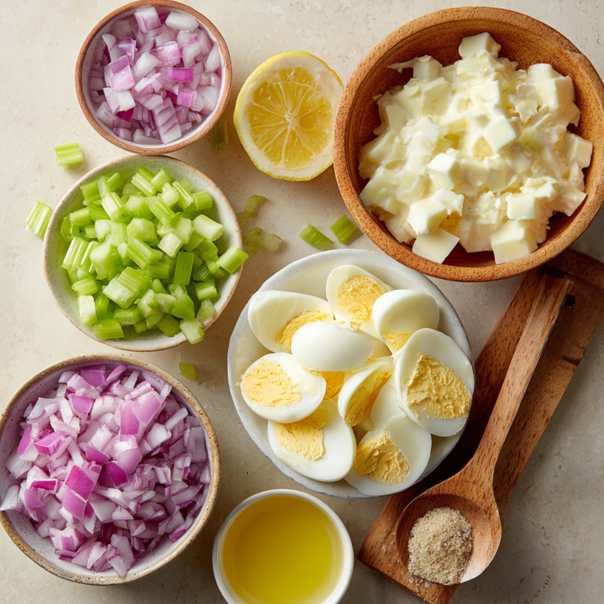 Overhead view of prep ingredients in small bowls: finely chopped red onion, diced celery, cubed mayonnaise, halved hard-boiled eggs, and a small bowl of lemon juice on a light countertop.