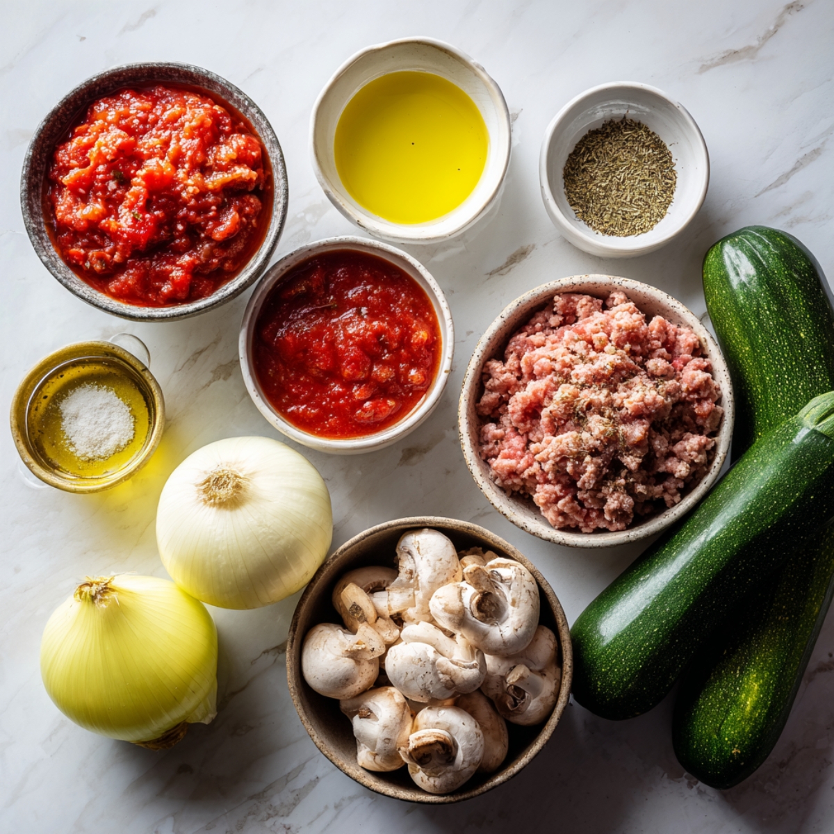 Overhead shot of ingredients on a marble counter: two large zucchini, a bowl of crumbled Italian sausage, sliced mushrooms, two yellow onions, a small dish of olive oil with salt, bowls of crushed and diced tomatoes, a cup of olive oil, and a ramekin of Italian seasoning.