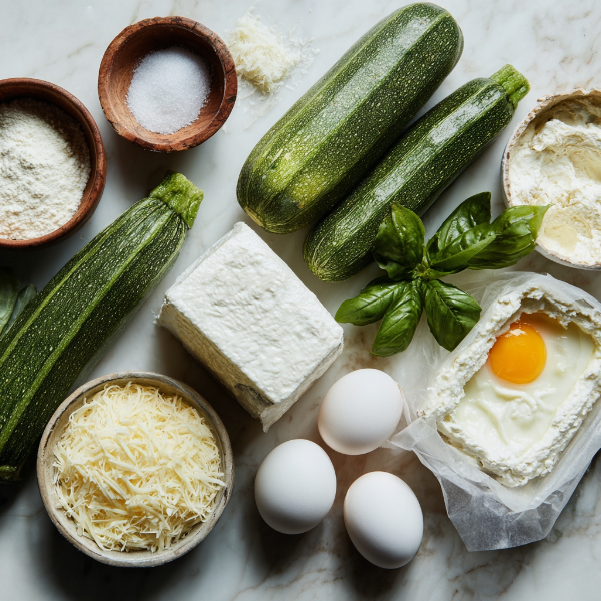 Flat-lay of zucchini lasagna “noodle” ingredients: three zucchini, a bowl of ricotta cheese, whole milk ricotta wrapped in paper, three eggs, fresh basil sprigs, a wooden bowl of grated Parmesan, and a small bowl of sea salt.