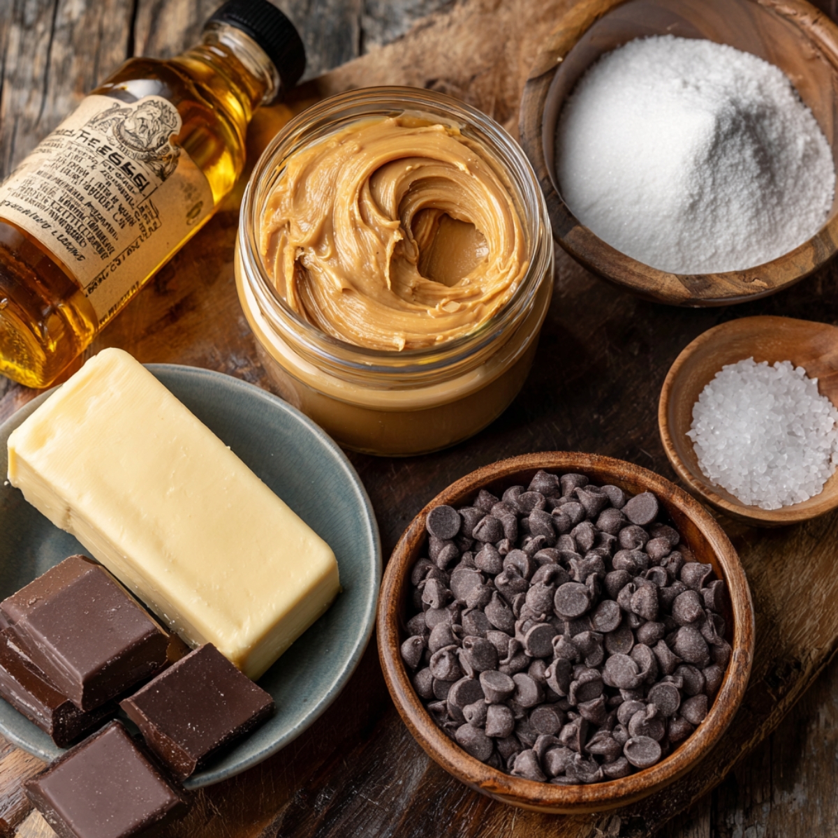 A close-up high-quality photograph featuring key Buckeyes ingredients arranged on a rustic wooden surface. In the center is a jar of creamy peanut butter. Surrounding it are a block of butter on a ceramic plate, a wooden bowl of semi-sweet chocolate chips, chocolate chunks, powdered sugar in a wooden bowl, coarse salt in a small dish, and a bottle of vanilla extract.