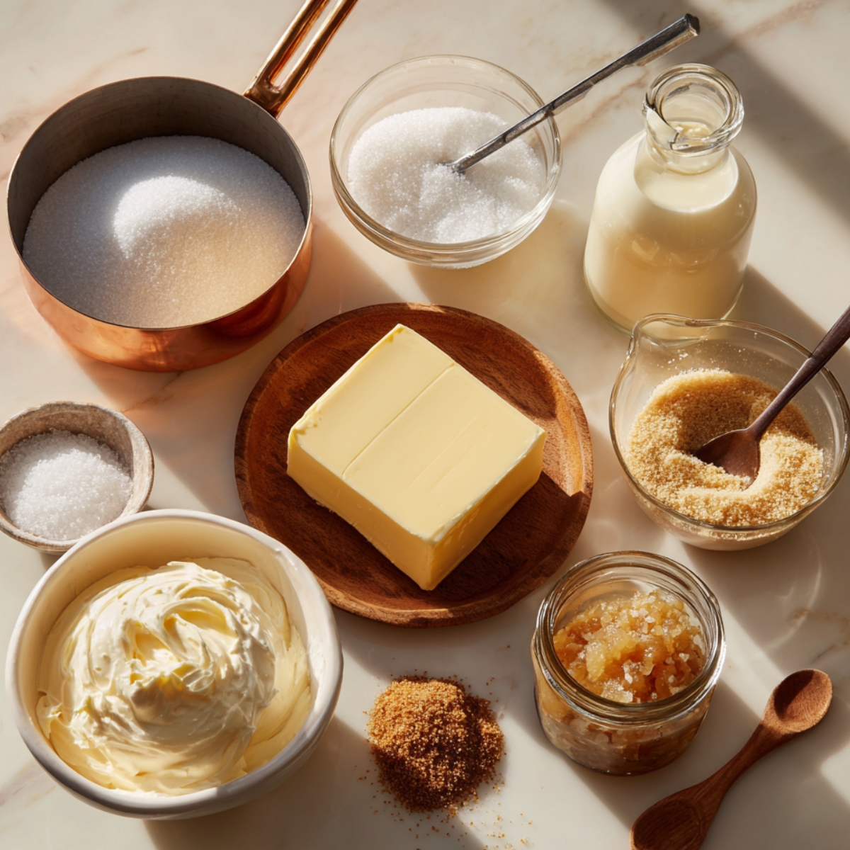 A bright kitchen countertop flat-lay showing a copper saucepan filled with granulated sugar, a glass bowl of more sugar with a spoon, a small bottle of cream, a wooden plate piled with cubed butter, a clear glass dish of light brown sugar, a ramekin of fine sea salt, a white bowl of thick sour cream, and a small jar of vanilla bean paste—all bathed in warm, natural light.