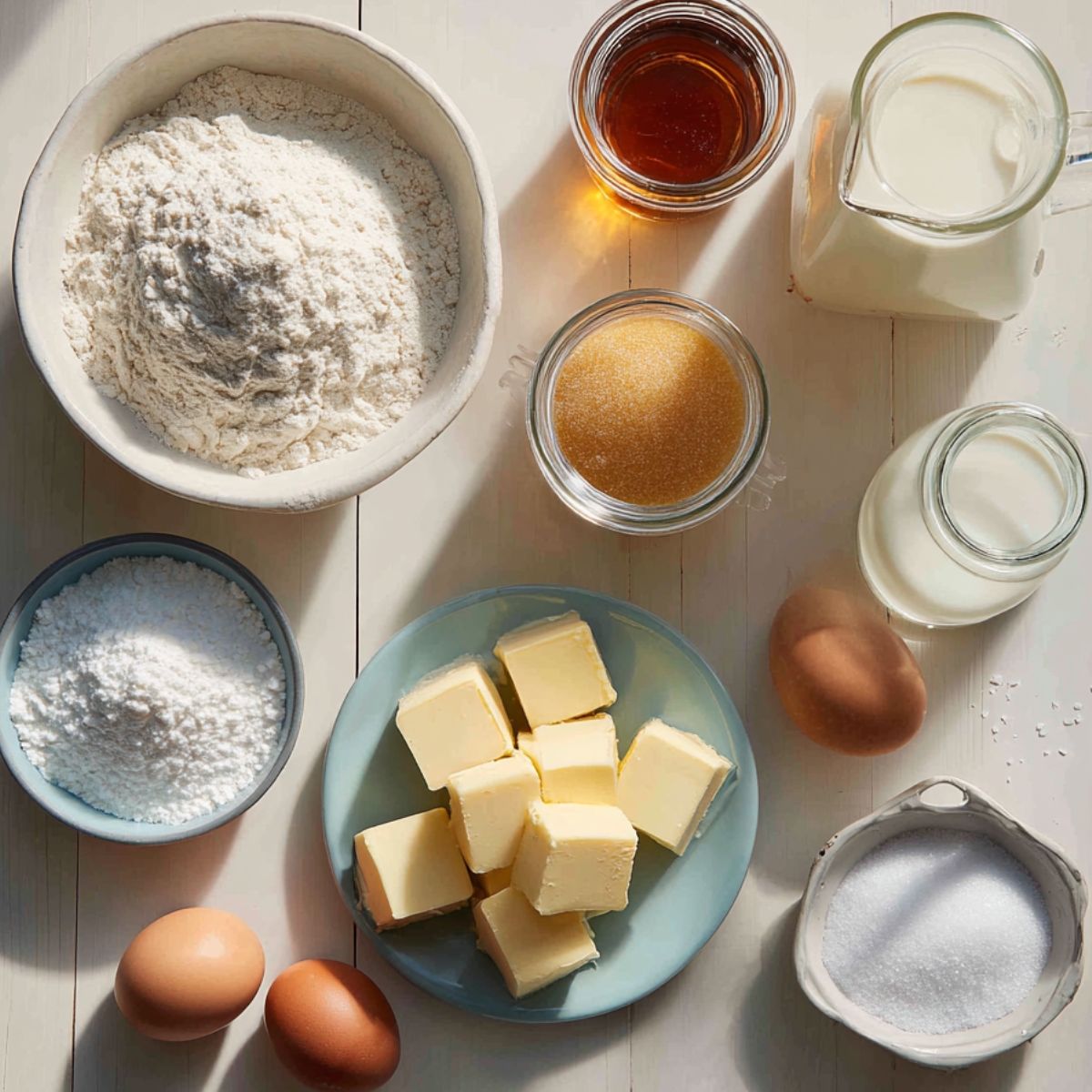 An overhead shot on a whitewashed wooden table featuring a white bowl of all-purpose flour, a glass jar of light golden syrup, a jug of whole milk, a smaller glass of buttermilk, a blue bowl of powdered sugar, a plate of cubed butter, two brown eggs, and a small bowl of granulated sugar—soft sunlight casting gentle shadows across each component.