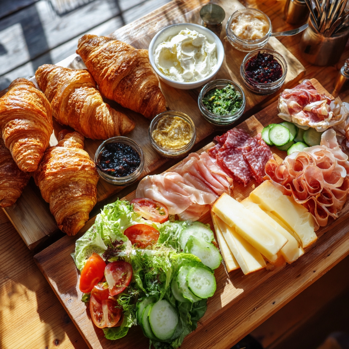 “A sunlit wooden board arranged with five golden, flaky croissants alongside small glass bowls of colorful spreads—dark berry jam, bright green pesto, creamy garlic aioli, and honey mustard. To the right, a variety of deli meats (prosciutto, salami, ham) are thinly fanned out next to crisp cucumber slices, vibrant lettuce and tomato salad, and wedges of pale yellow cheese.”