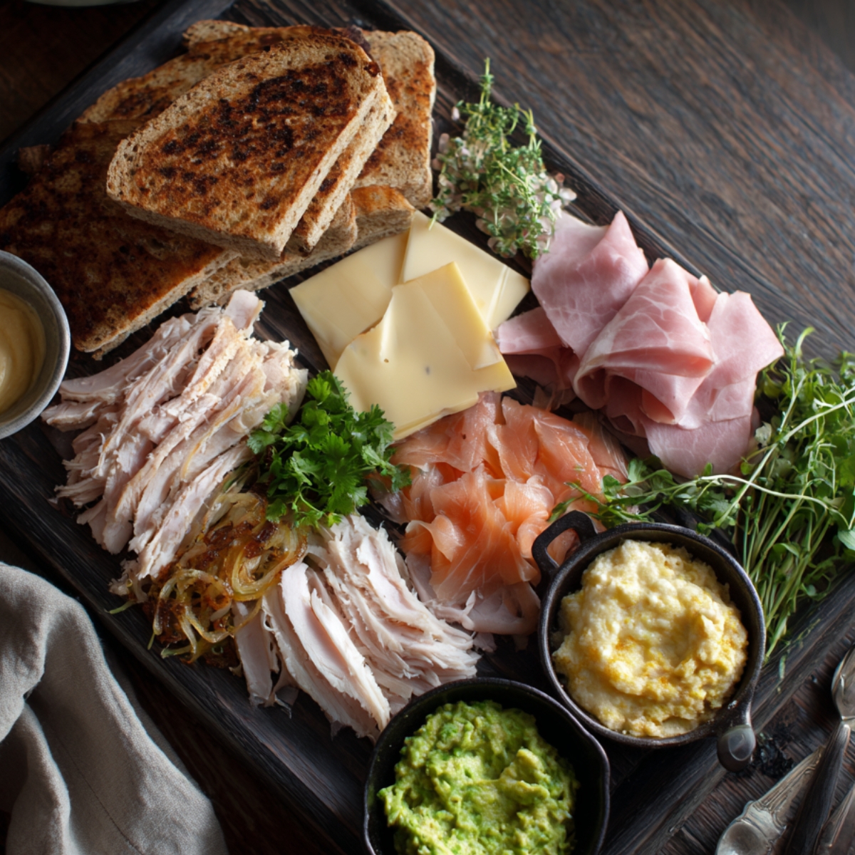 “A dark wooden platter displaying toasted whole-grain bread slices at the top, piles of shredded roasted chicken and sweet caramelized onions on the left, and thin folds of ham and smoked salmon at the top right. In the center are triangular slices of Swiss-style cheese, surrounded by small cast-iron bowls of mashed avocado and herbed mayonnaise, plus sprigs of fresh parsley and thyme.