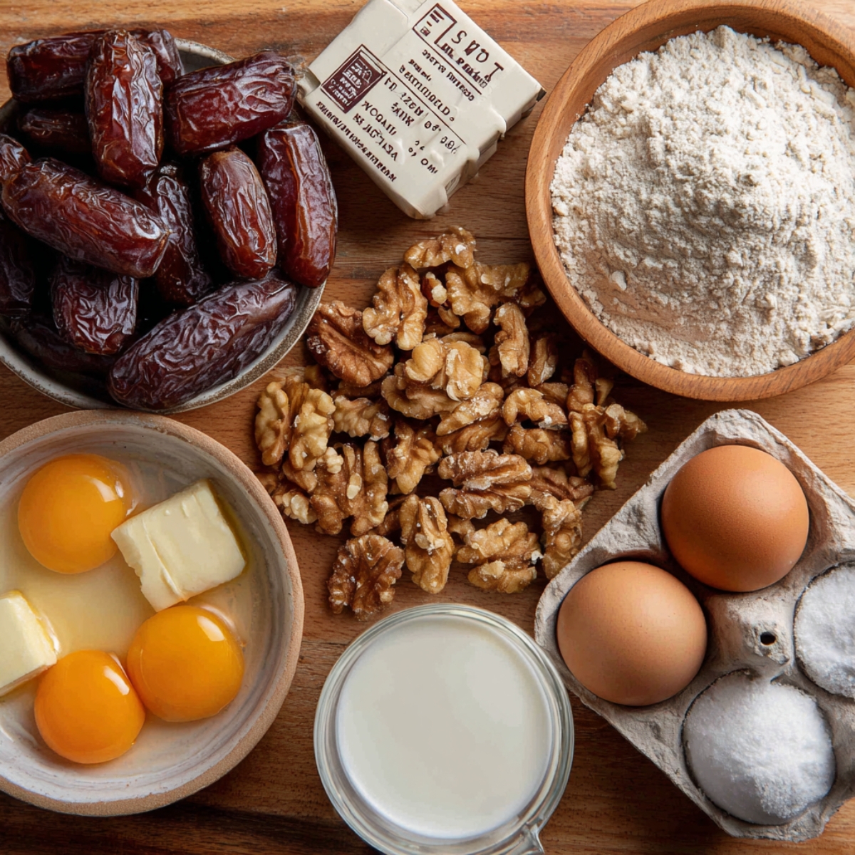 Overhead view of baking ingredients on a wooden board: a bowl of plump Medjool dates, a small wrapped block of butter, a wooden bowl filled with flour, a scattering of shelled walnuts, three brown eggs in a carton, two cracked eggs and two cubes of butter in a bowl, and a tiny pitcher of milk.”
