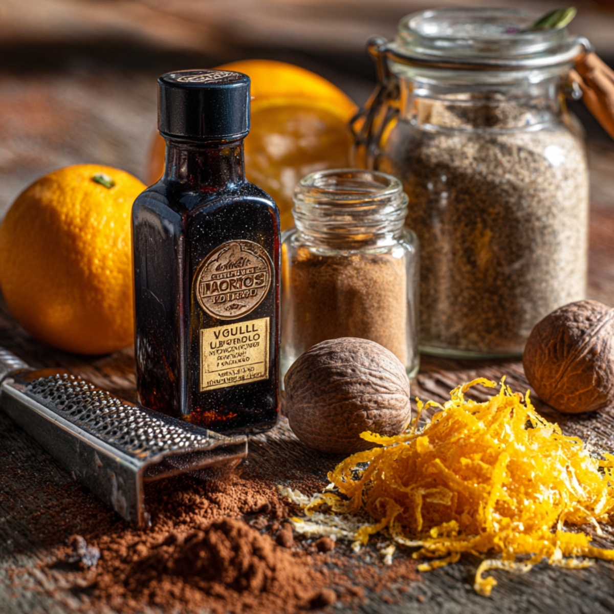 A small dark glass bottle of vanilla extract sits next to a tiny glass jar of cinnamon, two whole nutmegs, a pile of bright orange zest strands, a dusting of cocoa powder on a wooden table, and a hand-held grater, all arranged artfully in warm, diffused daylight
