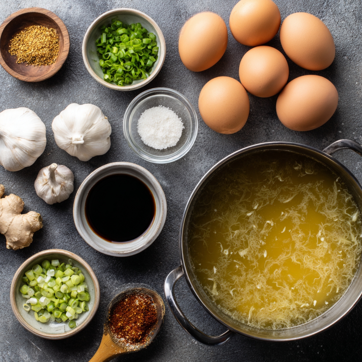 Flat-lay of egg drop soup ingredients on a dark countertop: whole eggs, sliced green onions, minced garlic, fresh ginger, white pepper, soy sauce in a small bowl, and a pot of chicken broth with floating egg ribbons.