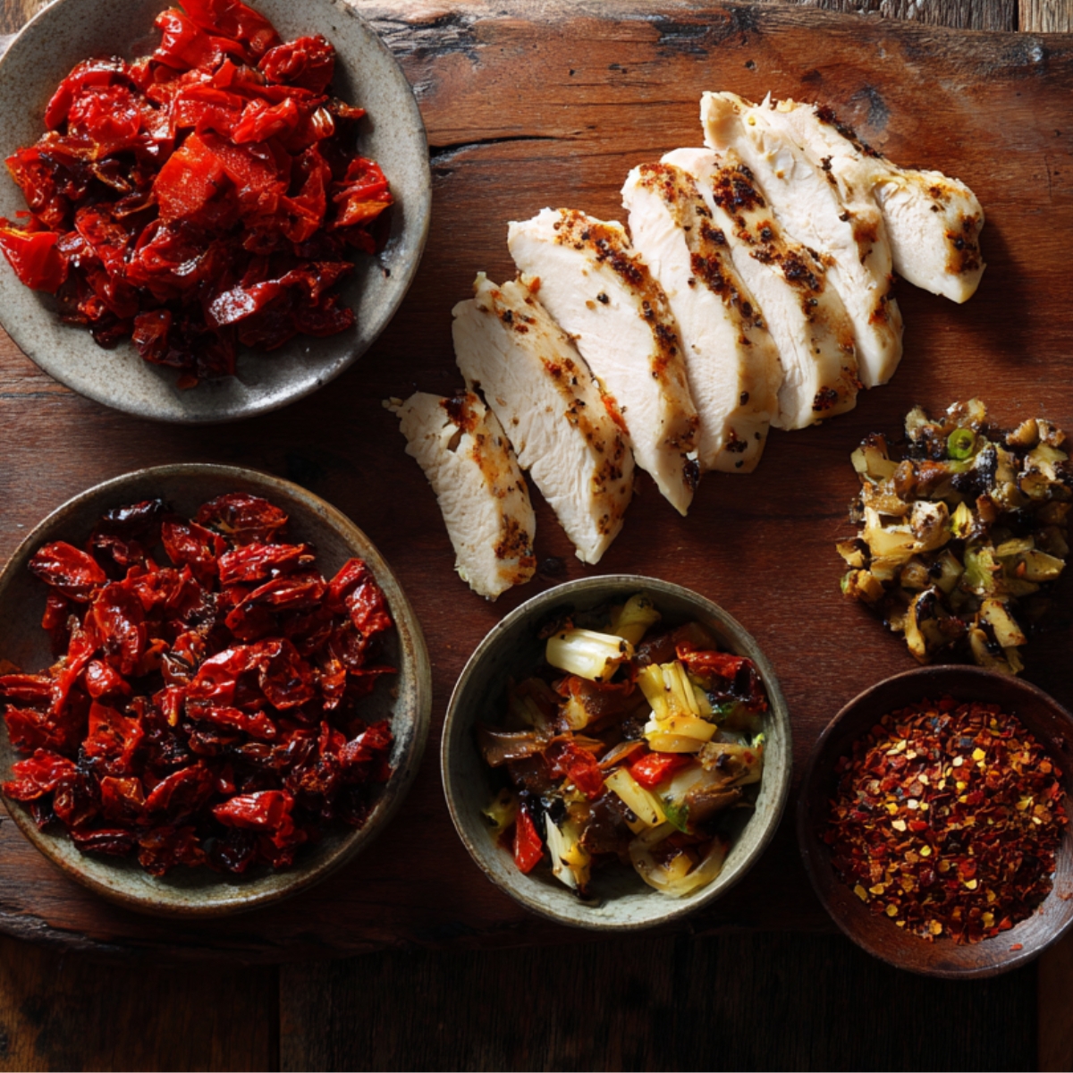 A shallow stone bowl filled with bright-red chopped sun-dried tomatoes; beside it, a wooden board with neatly sliced grilled chicken breast and small piles of roasted vegetables and red pepper flakes in tiny bowls.