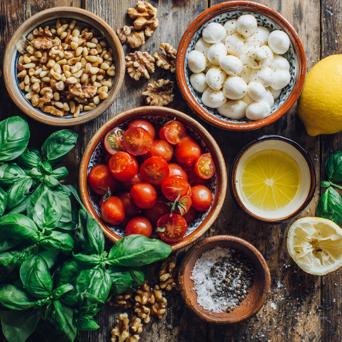 A top view of “Make It Special” ingredients: a rustic wooden surface scattered with fresh basil leaves, a bowl of mixed pine nuts and walnuts, a bowl of glossy mozzarella pearls, a dish of cracked black pepper and sea salt, a halved lemon, and a bowl of halved cherry tomatoes.