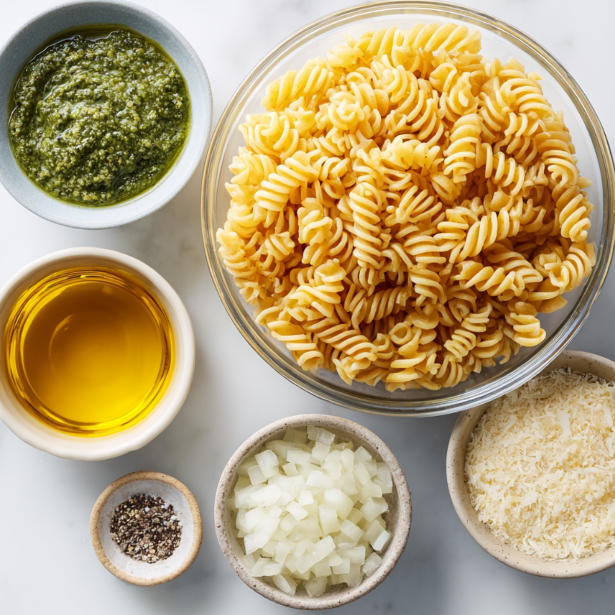 A flat arrangement of the pasta base: three nests of uncooked spaghetti on a round wood plate, a small bowl of vibrant green basil pesto, a glass of golden olive oil, a heap of grated Parmesan in a wood dish, and a whole garlic bulb with a few loose cloves—soft natural light highlights the textures and warm tones, giving a cozy, homemade feel.
