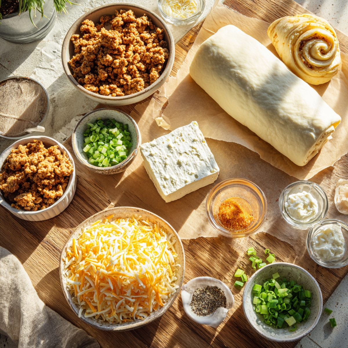 Overhead view of a sunlit wooden board scattered with all the homemade ingredients for sausage-cream-cheese crescent rolls: a rold log of crescent dough and a single pinwheel, a block of cream cheese on parchment, two bowls of golden-brown cooked breakfast sausage, a bowl of shredded cheese, small dishes of chopped green onions, everything-bagel seasoning, garlic powder, and dollops of extra cream cheese, plus a fine-mesh strainer and a little jar of oil, all bathed in warm morning light.