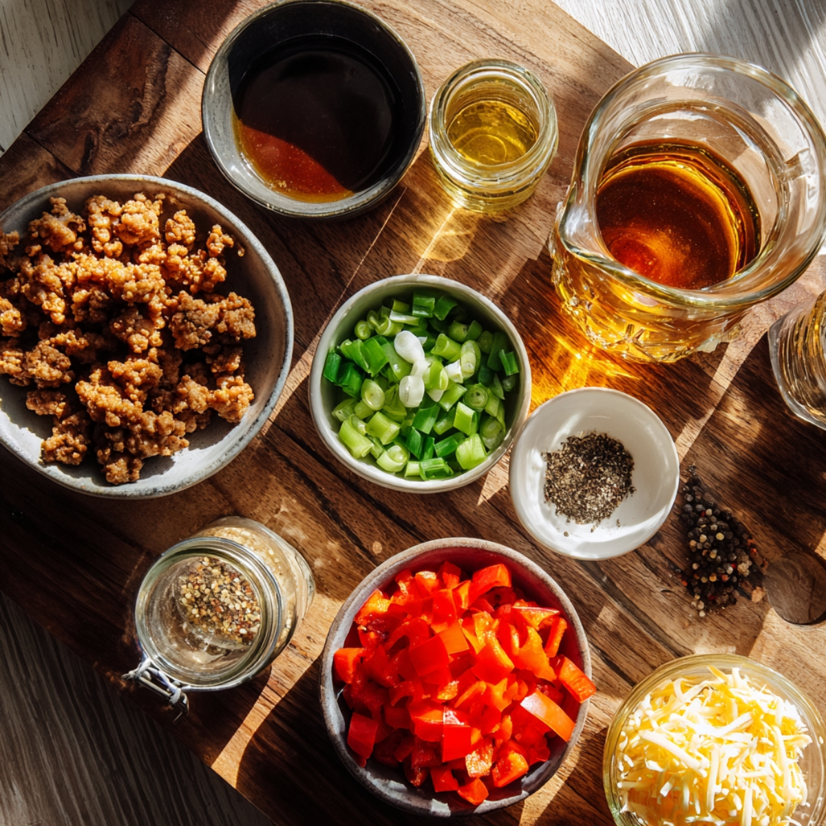 Overhead shot of a wooden board with a bowl of pale yellow pancake mix, a glass jug of milk, a small ramekin holding a cracked egg yolk, a whole egg resting beside it, a plate of softened butter, and a wooden spoon bearing a pinch of baking powder—all bathed in warm, morning light against a neutral kitchen backdrop.