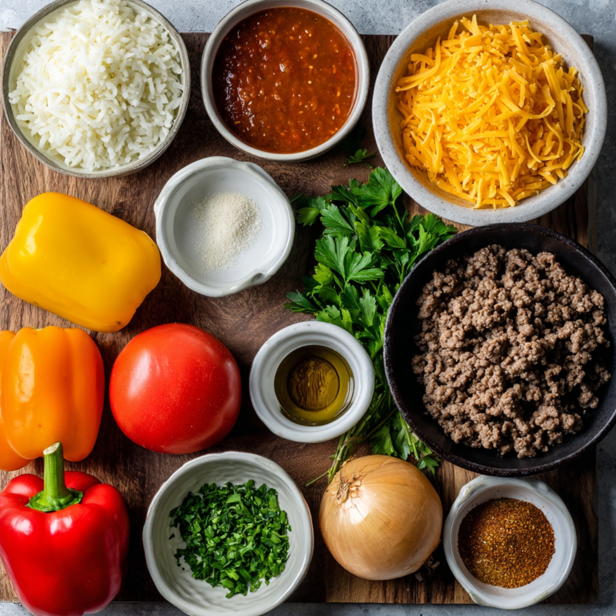 Overhead view of a wooden cutting board topped with a black bowl of cooked ground beef, a bowl of shredded cheddar cheese, a bowl of cooked white rice, a small dish of tomato sauce, a bunch of fresh parsley, three bell peppers (red, orange, yellow), a whole onion, a small bowl of olive oil, and a dish of seasoning blend.
