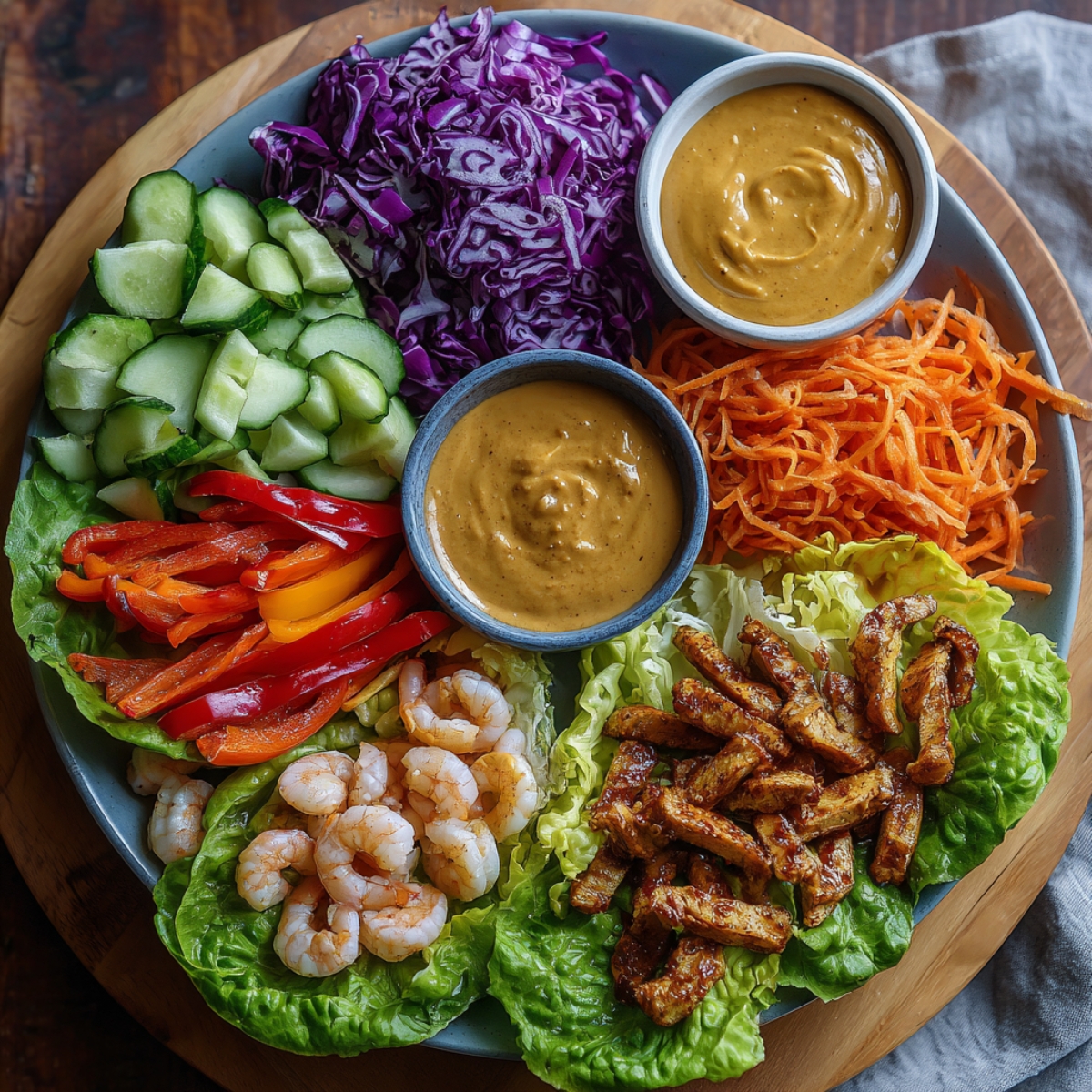 A colorful platter with spring roll ingredients: sliced cucumbers, shredded purple cabbage, grated carrots, lettuce, red and yellow bell peppers, cooked shrimp, seasoned tofu strips, and three bowls of creamy peanut dipping sauce.