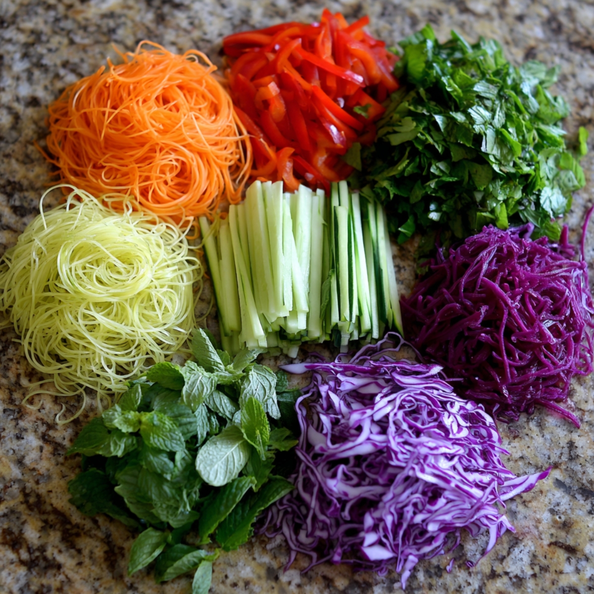 "An overhead view of neatly arranged fresh spring roll ingredients on a granite countertop, including shredded carrots, red bell peppers, chopped herbs, julienned cucumber, purple cabbage, fresh mint, and rice noodles.