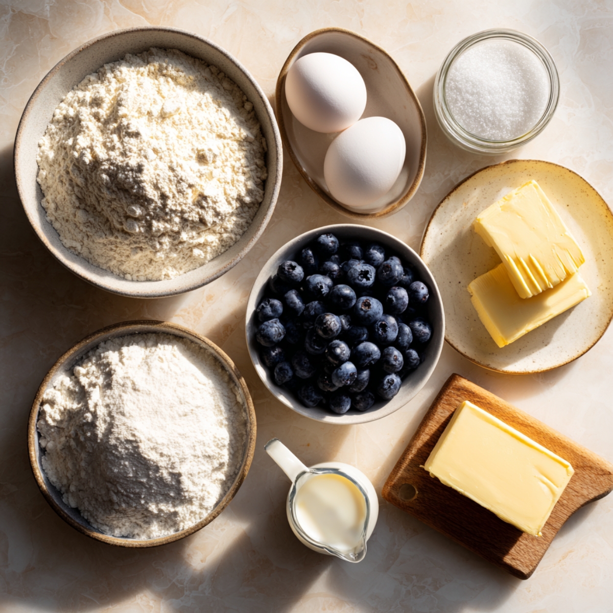Overhead view of cake ingredients on a marble countertop: bowls of flour, a dish of eggs, a jar of sugar, pats of butter, a bowl of blueberries, and a small pitcher of milk.