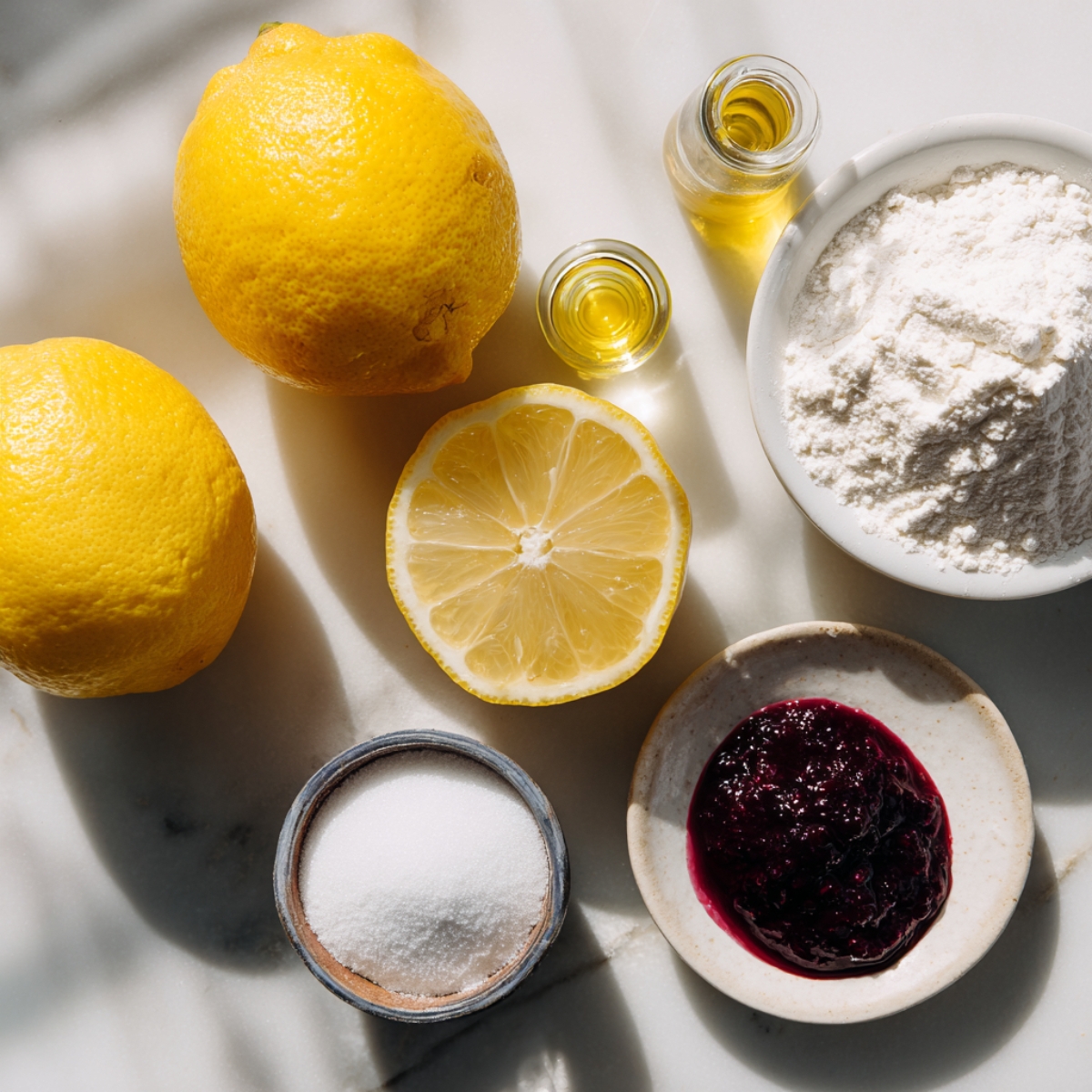 Top-down on marble: whole and halved lemons, a bowl of flour, a bowl of sugar, a vial of lemon extract, and a dish of blueberry compote.