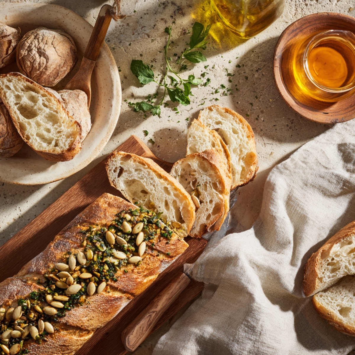 A rustic wooden board with slices of crusty artisan bread, some topped with fresh herbs and toasted pumpkin seeds. A bowl of torn bread rolls sits nearby with a wooden spoon. Scattered herbs, a beige linen napkin, and bowls of olive oil and honey rest on a textured, sunlit countertop, creating a warm and inviting homemade scene.