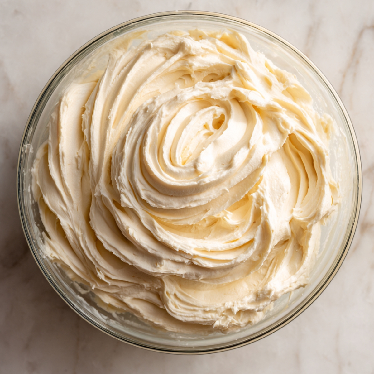 A glass bowl filled with freshly whipped cream cheese mixture, swirled to perfection with soft peaks, sitting on a marble surface in a home kitchen.