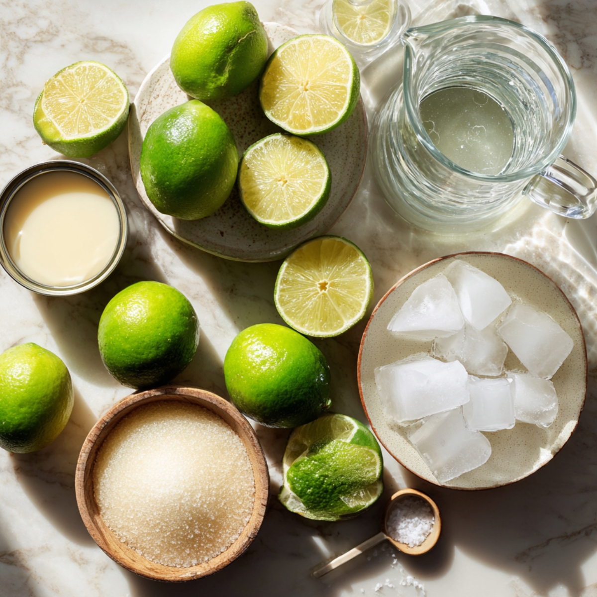 A top-down flat lay of ingredients on a marble countertop: fresh limes (whole and halved), a small open can of sweetened condensed milk, a bowl of ice cubes, a glass pitcher of cold water, granulated sugar in a wooden bowl, and a tiny wooden spoon of sea salt. Natural lighting with soft shadows.